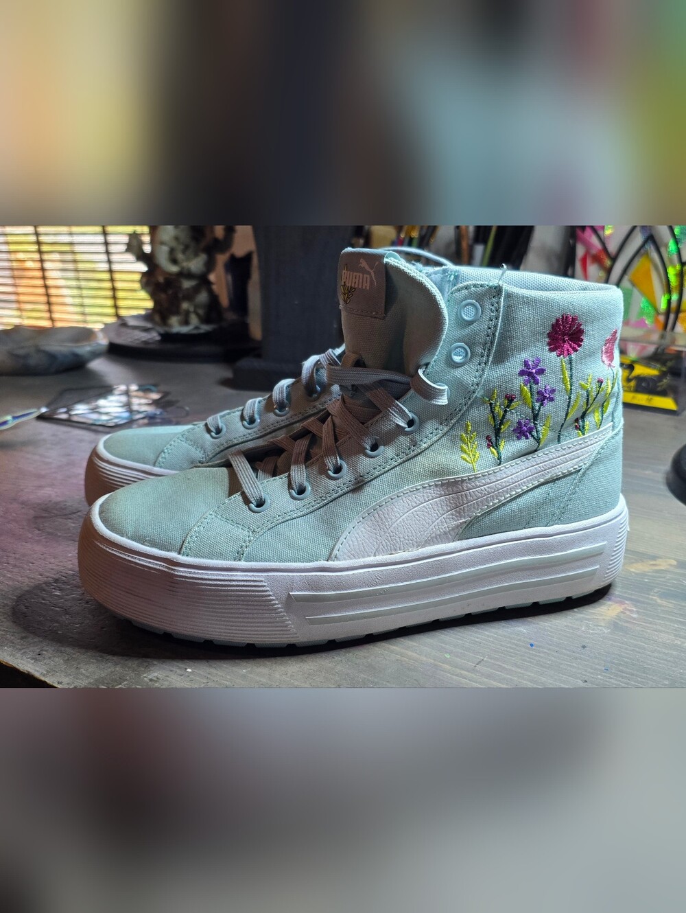 Puma High-Top Canvas Sneakers in Light Mint with Embroidered Florals